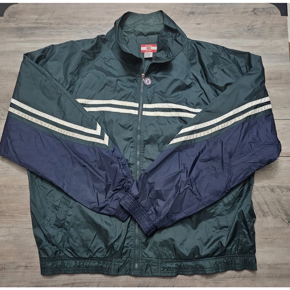 Vintage Athletic Works Jacket Mens XL Green Blue Windbreaker Nylon Full Zip 80s